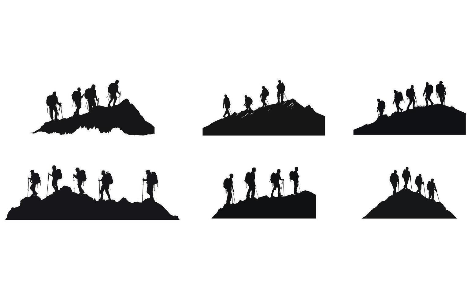 Bergsteiger Wanderer Menschen Silhouette, Wanderer Silhouetten, Wandern Mann mit Rucksäcke Silhouette. Menschen mit Rucksack Vektor Silhouetten.
