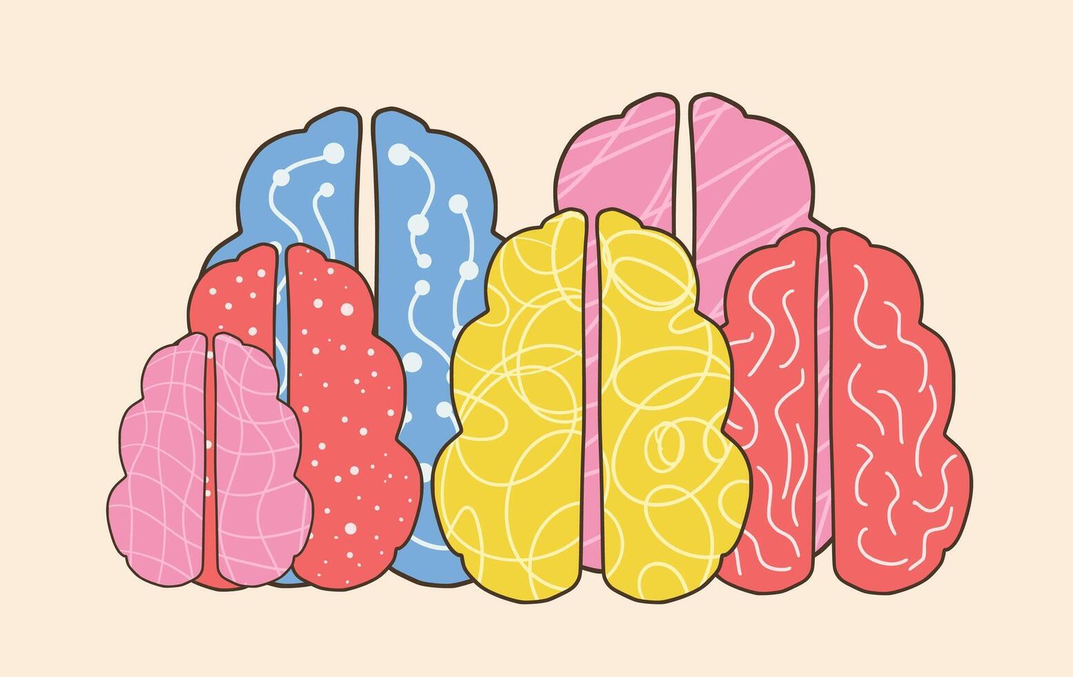 grupp av annorlunda mänsklig hjärnor. neurodiversitet symbol. brainstorming, kreativ tänkande tecken. färgrik mänsklig sinnen liknelse. vektor illustration