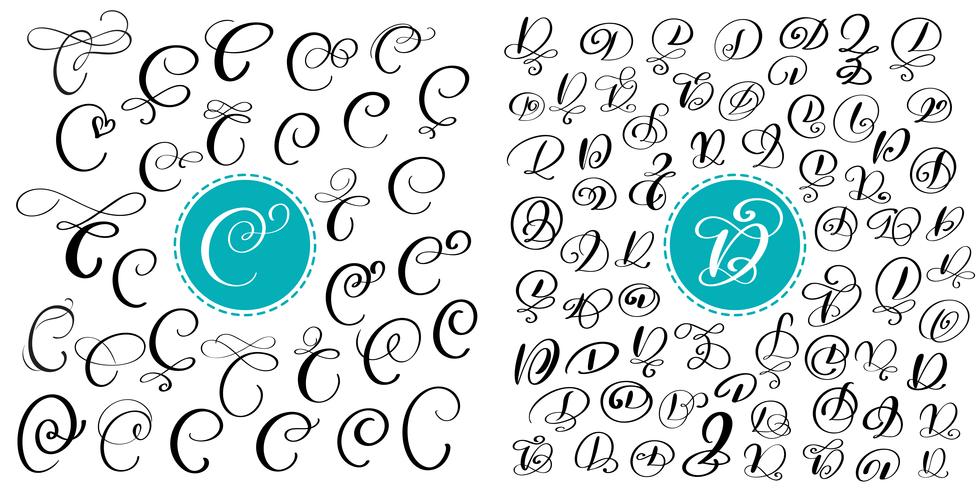 Sats med handdragen vektor kalligrafi bokstäver C och D. Skript typsnitt. Isolerade bokstäver skrivna med bläck. Handskriven penselstil. Handbokstäver för logotypemballage