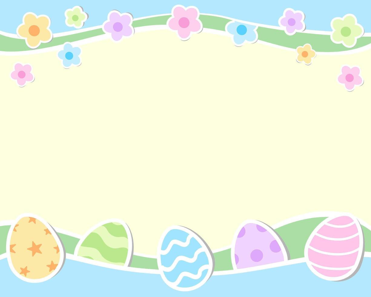 påsk gräns bakgrund med påsk ägg och blommor i pastell minimalistisk tema, papper skära stil vektor