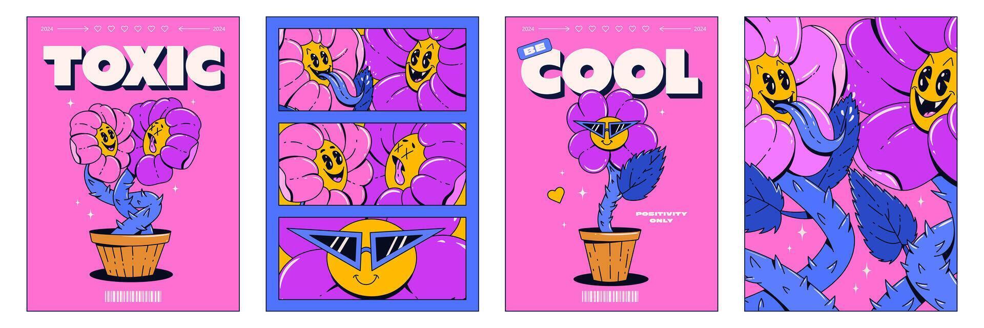 Häftigt posters med psychedelic blommor i de trender retro häftig stil. vektor illustration.