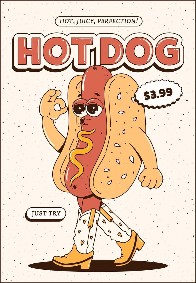 cool heiß Hund Poster im retro groovig Stil. modisch Karikatur Illustration. Maskot zum Cafés, Riegel, Gaststätten. vektor
