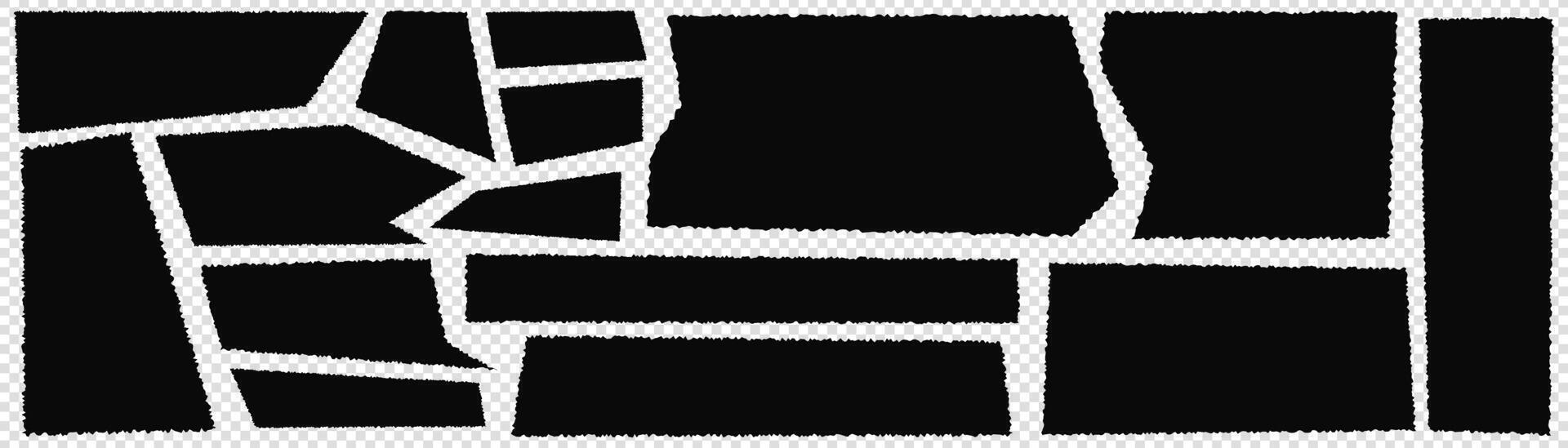 en uppsättning av svart trasig papper. rev rektanglar och skarp former. ark med förvrängd kanter för collage. vektor illustration