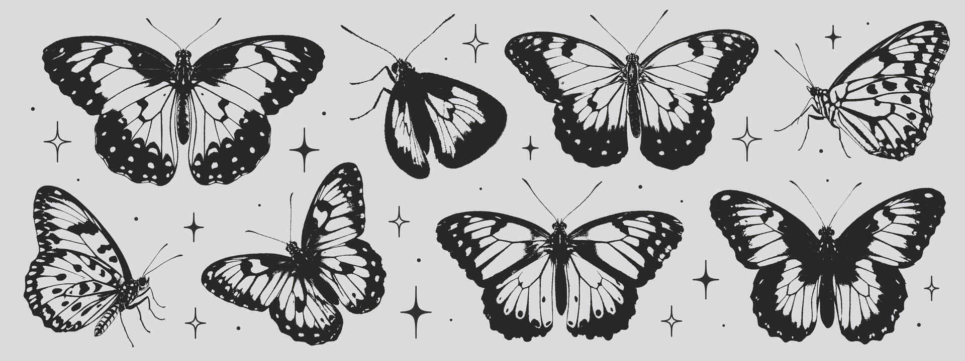 Schmetterlinge Sammlung im das Stil von Grunge Briefmarke und organisch Formen. Vektor Grafik im modisch retro 2000er Stil. y2k ästhetisch, tätowieren Silhouette, Hand gezeichnet Aufkleber. Korn Textur Schmetterling