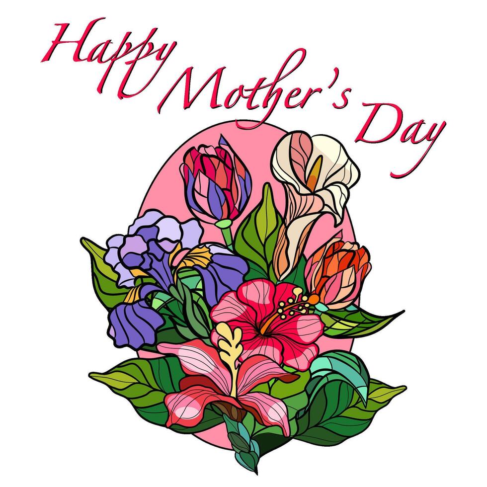 Lycklig mödrar dag hälsning kort med färgade glas stil blommor vektor