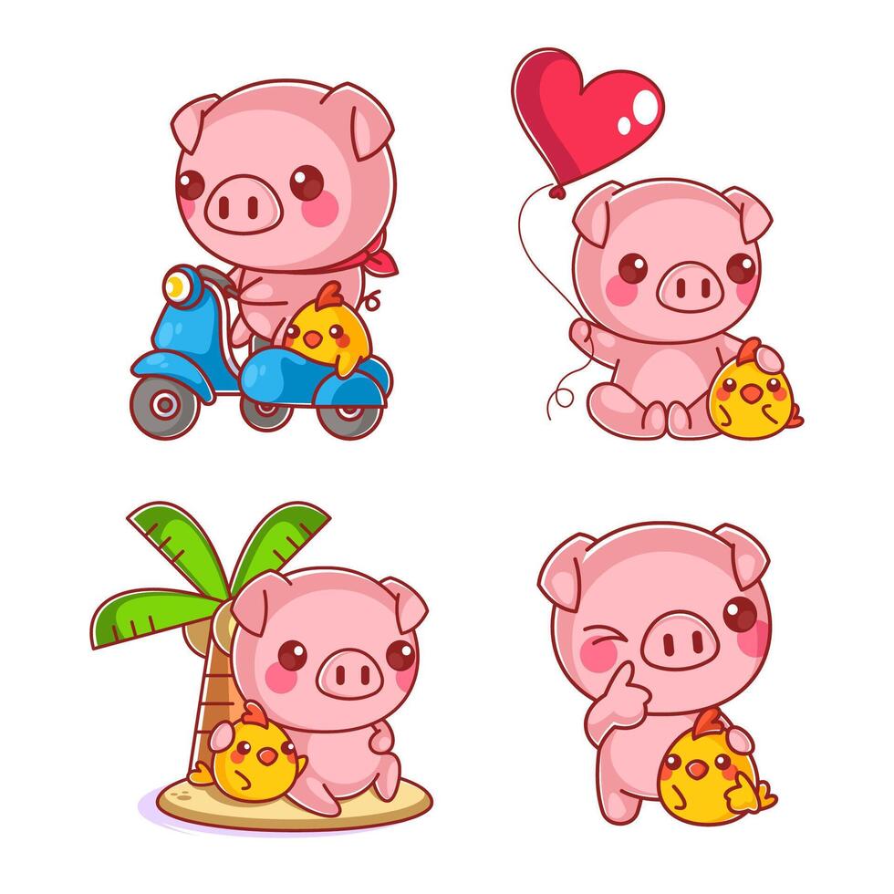 süß Schwein mit freunde Karikatur Stil einstellen vektor