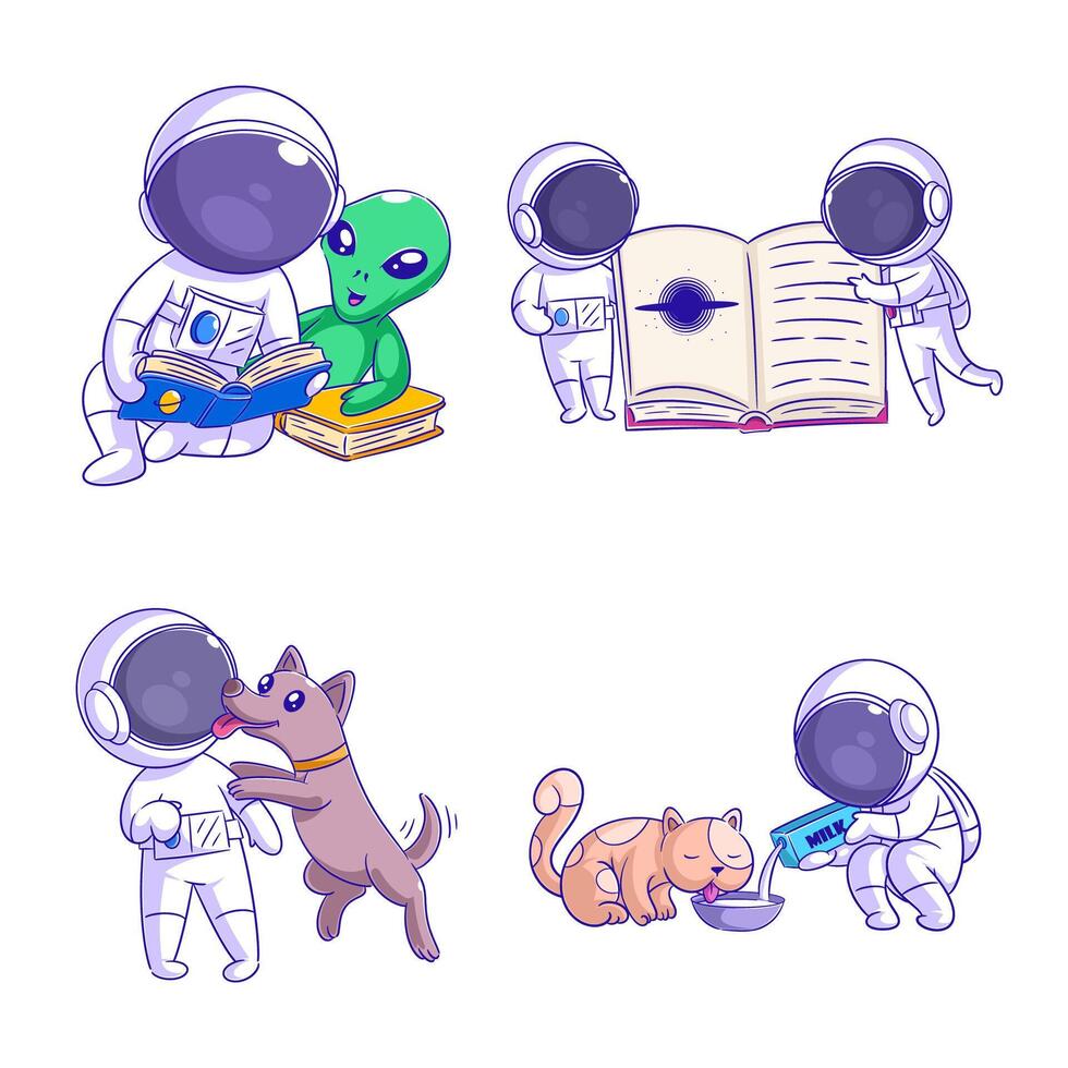 söt astronaut håller på med aktiviteter med vänner, tecknad serie stil uppsättning vektor