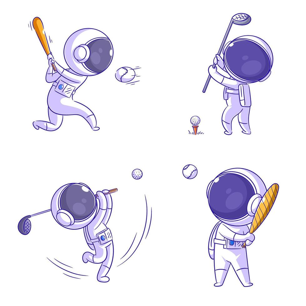 söt astronaut spelar golf, tecknad serie stil uppsättning vektor