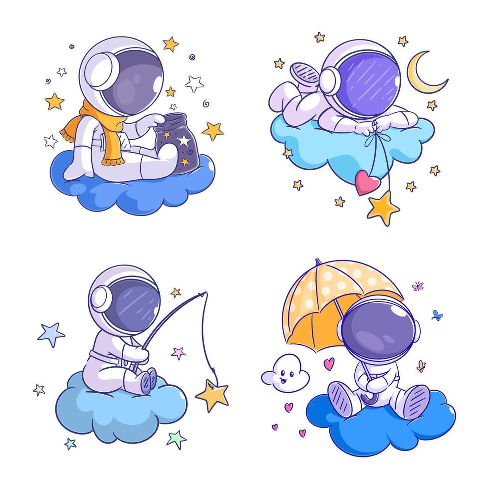 söt astronaut i moln tecknad serie stil uppsättning vektor
