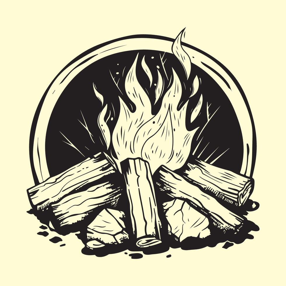 Lagerfeuer Logo Holz Verbrennung und Feuer Design Camping Abenteuer Jahrgang vektor