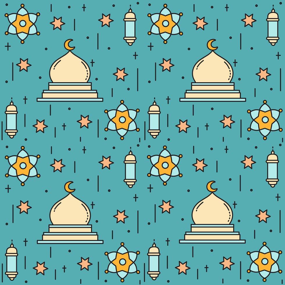 Ramadan Gelassenheit, blau-türkis Muster mit Moschee, Laternen, und Halbmond Mond vektor