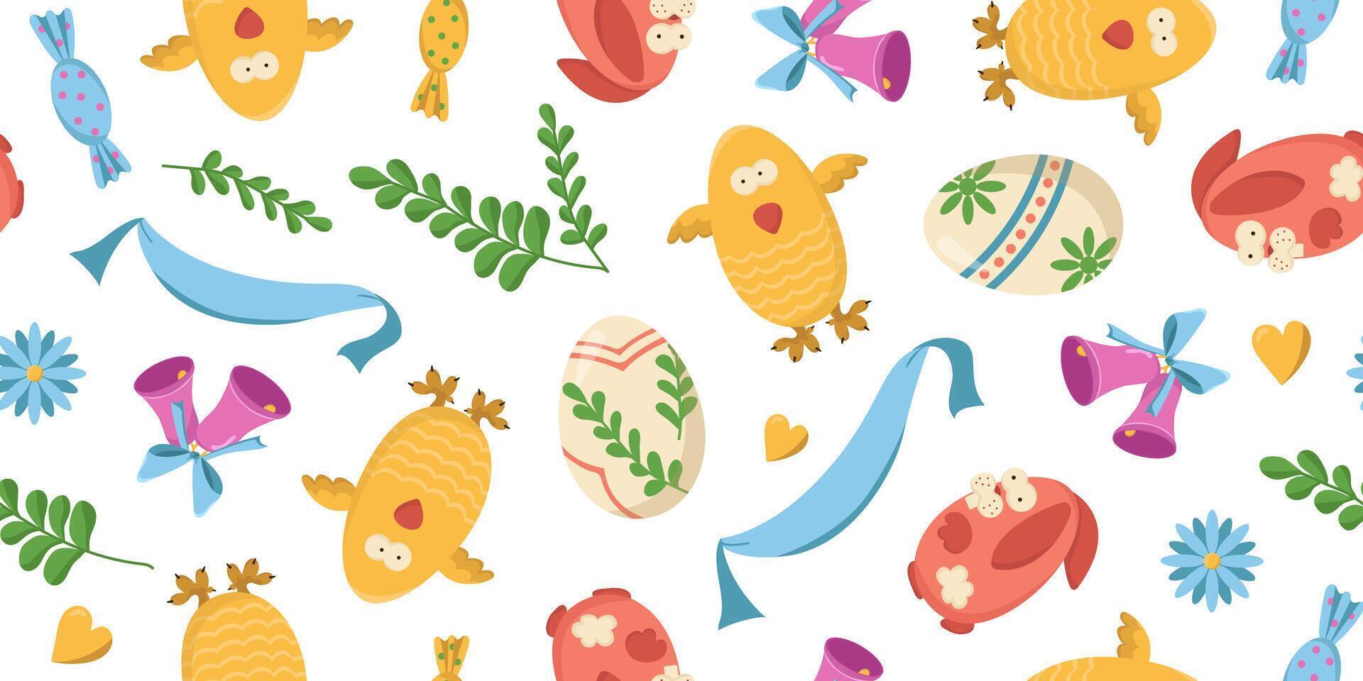 Vektor nahtlos Banner mit Ostern Eier, Hasen und Hähnchen. Farbe Illustration von ein Ei Jagd.