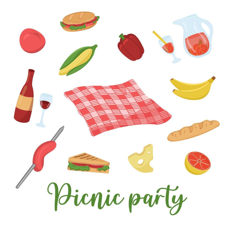 Vektor Illustration mit ein einstellen von Essen und Getränke zum ein Picknick. farbig Karte zum Grill Party. einstellen von Dinge zum ein Familie Tag aus im das Wald oder Park.
