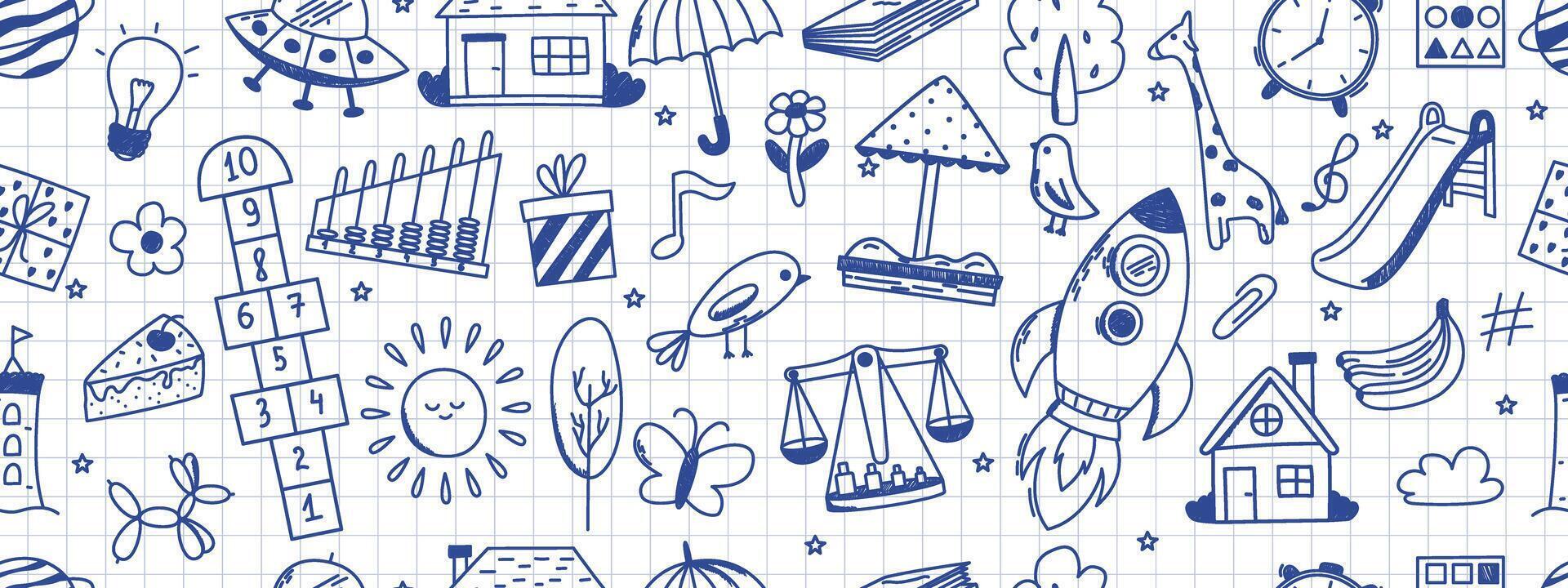 sömlös mönster med dagis doodles. fjäril, leksaker, blomma, paraply, hus, Sol, träd, djur och Övrig element. Scribbled med krita textur. vektor