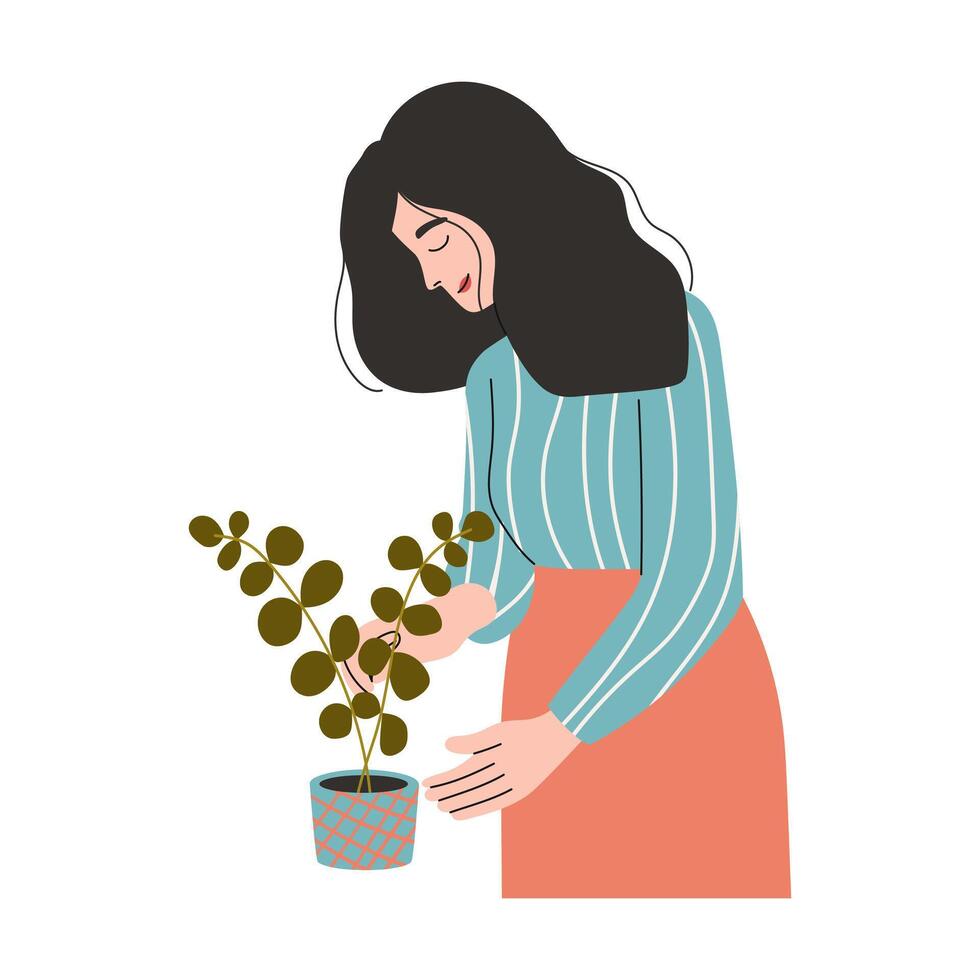 Mädchen nimmt Pflege von ein eingetopft Zimmerpflanze. städtisch Gartenarbeit. Vektor Illustration.