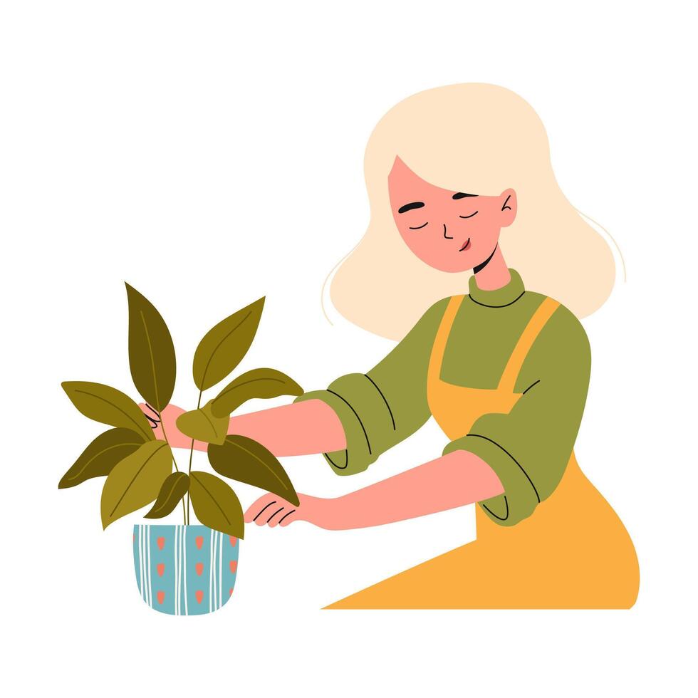 Mädchen nimmt Pflege von ein eingetopft Zimmerpflanze. städtisch Gartenarbeit. Vektor Illustration.