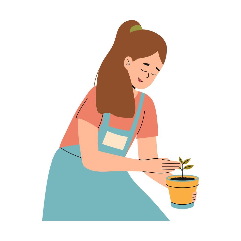 glücklich Frau im Schürze nimmt Pflege von ein Zimmerpflanze. städtisch Gartenarbeit. Vektor Illustration.