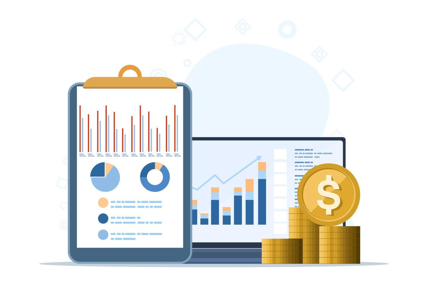 finansiera eller bokföring begrepp, företag planen och budget, analytiker, revisor, ekonomi, beräknande och analyserar personlig eller företag budget, hantera finansiell inkomst, platt vektor illustration.