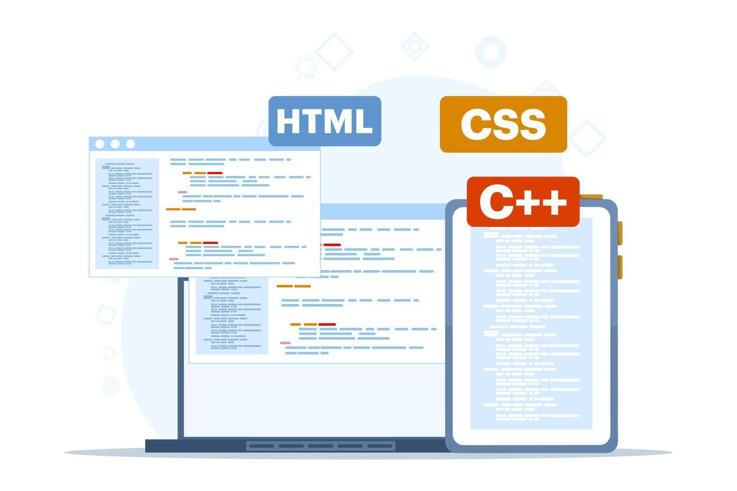 Netz Entwicklung Konzept. Programmierung Sprache. CSS, html, Es, ui. Programmierer Entwicklung Webseiten, Kodierung. eben Vektor Illustration auf Weiß Hintergrund.