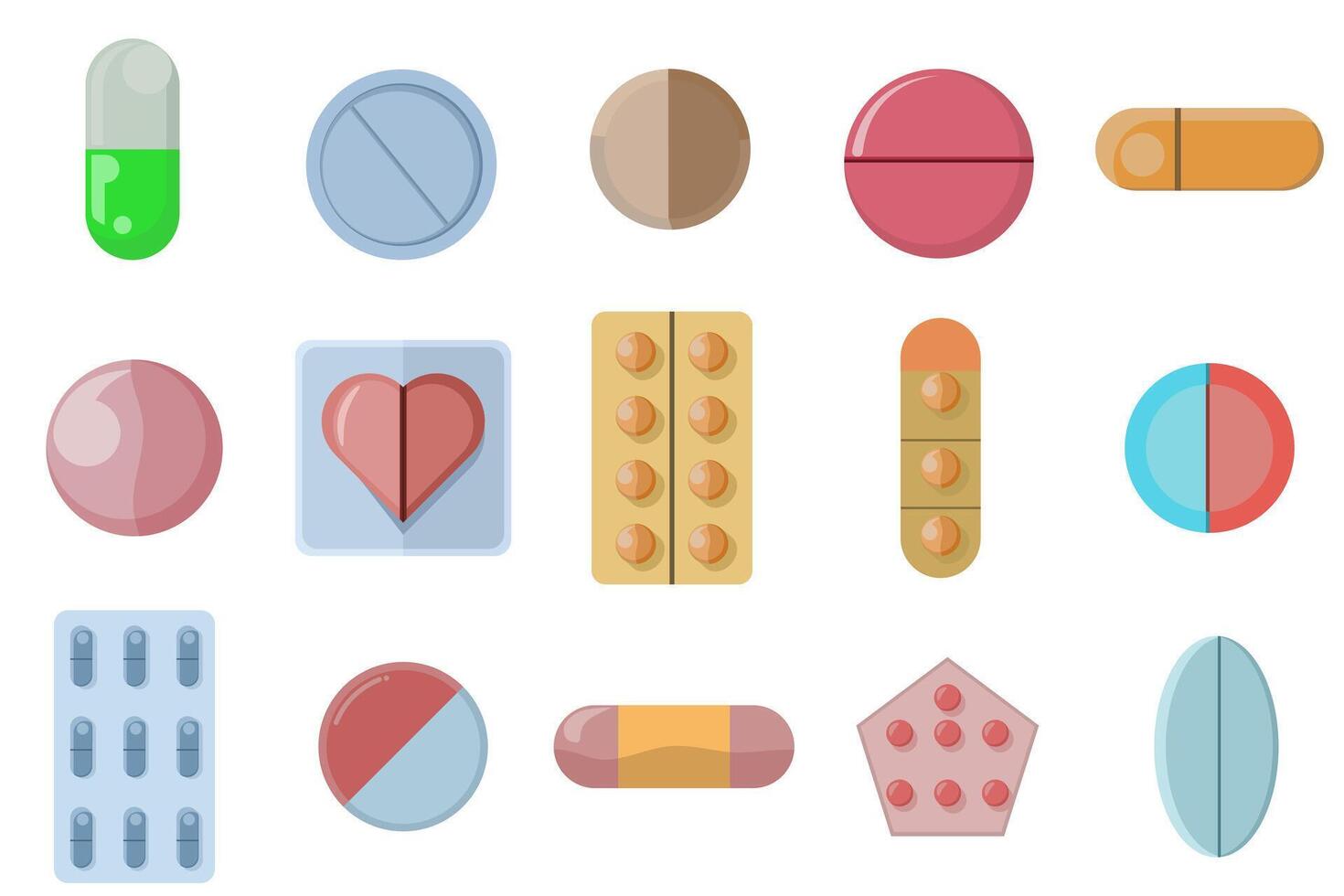 Apotheke Pillen, Medizin Flaschen und Tabletten im Blase Packungen. pharmazeutische Pflege, Gesundheit Pillen, Vitamin Medizin und Tablets, eben Vektor Illustration auf ein Weiß Hintergrund.