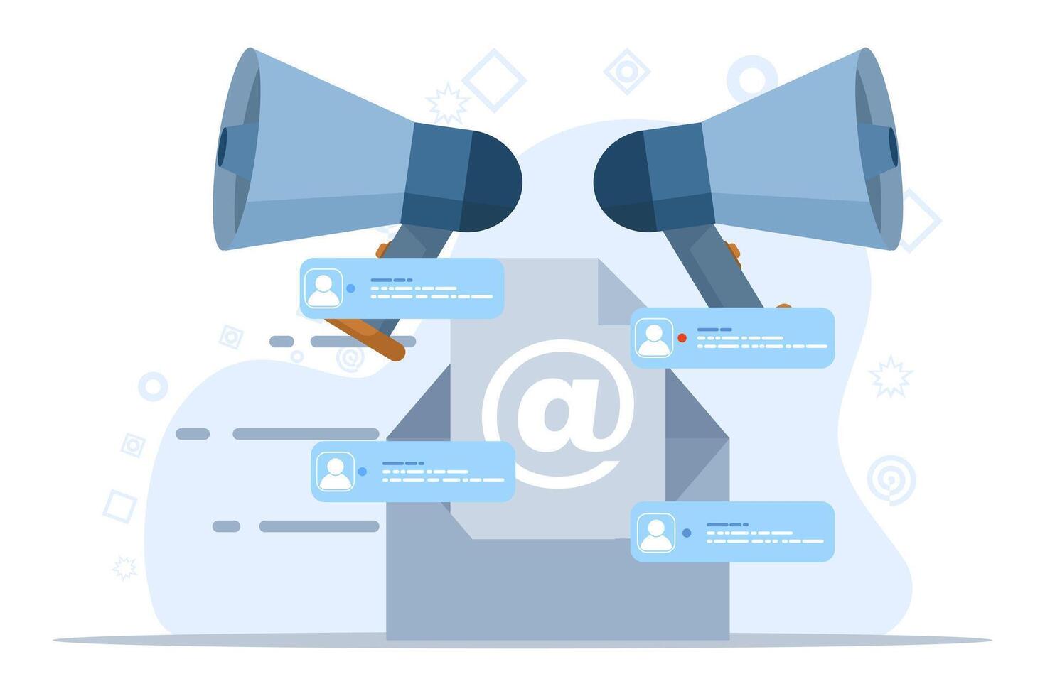 Email Marketing Konzept, online Geschäft Strategie, Werbung, Email Newsletter, Nachricht, Marketing Material zum Landung Buchseite, Netz, Sozial Medien, Infografiken. eben Vektor Illustration.