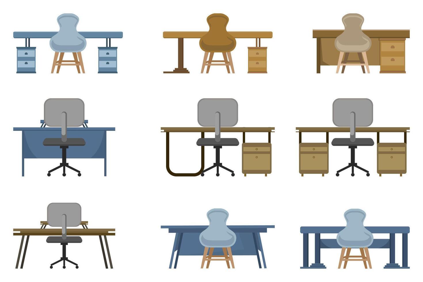 annorlunda tabell och stol uppsättningar med en minimalistisk stil. varje uppsättning funktioner en unik kombination av tabeller och stolar med annorlunda mönster och färger, beläggning en mängd av stilar och funktioner. vektor