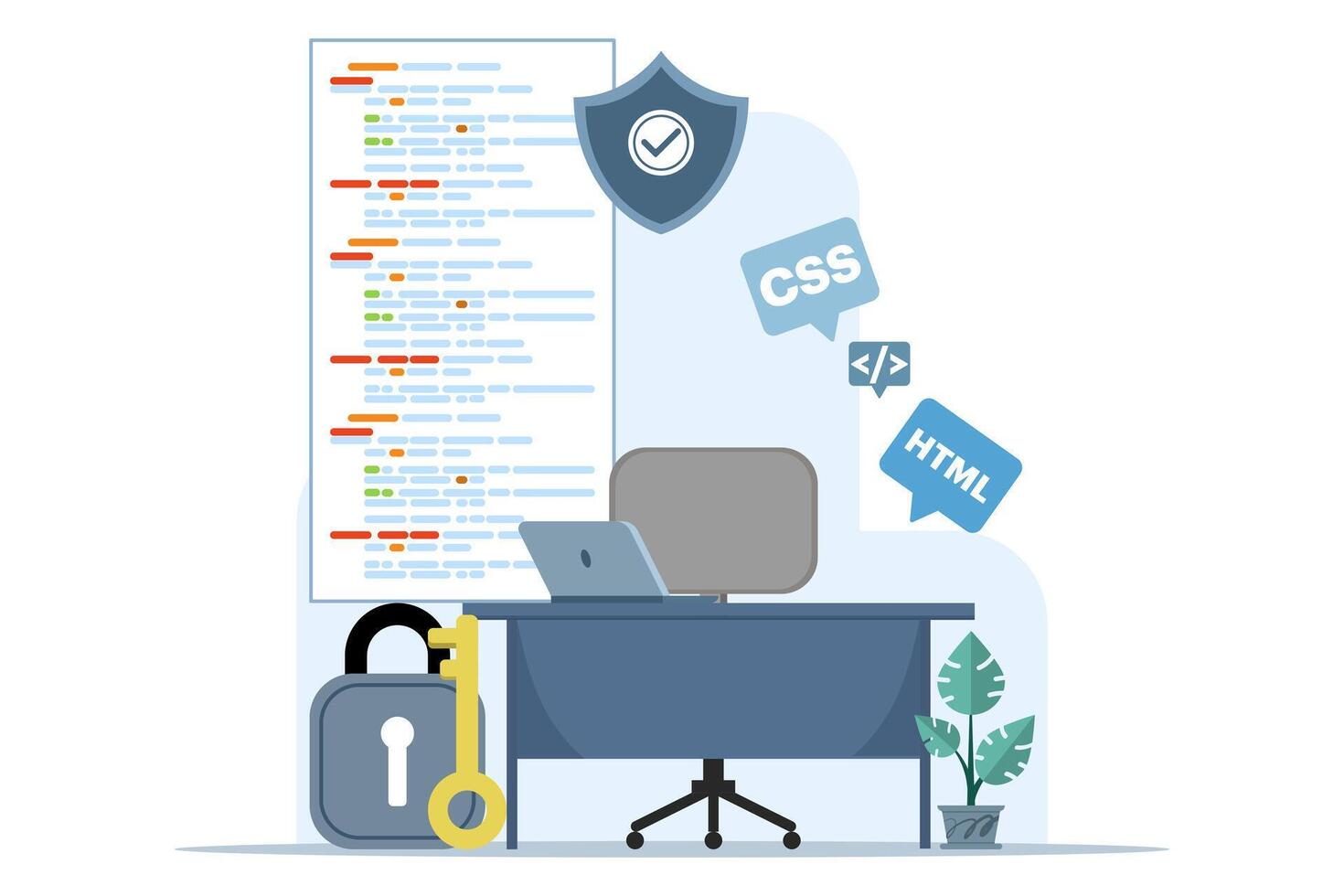 Netz Entwicklung Konzept. Programmierung Sprache. CSS, html, Es, ui. Laptop oder Computer und Programmierer Entwicklung Webseite, Kodierung. eben Vektor Illustration auf Weiß Hintergrund.