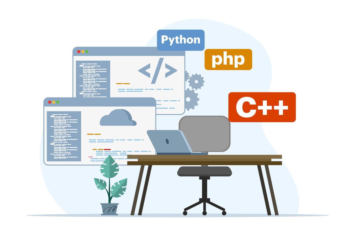 webb utveckling begrepp. programmering språk. css, html, Det, ui. bärbar dator eller dator och programmerare utvecklande hemsida, kodning. platt vektor illustration på vit bakgrund.