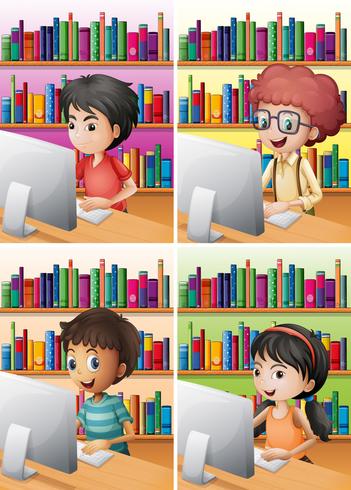 Pojkar och tjej som arbetar på dator vektor