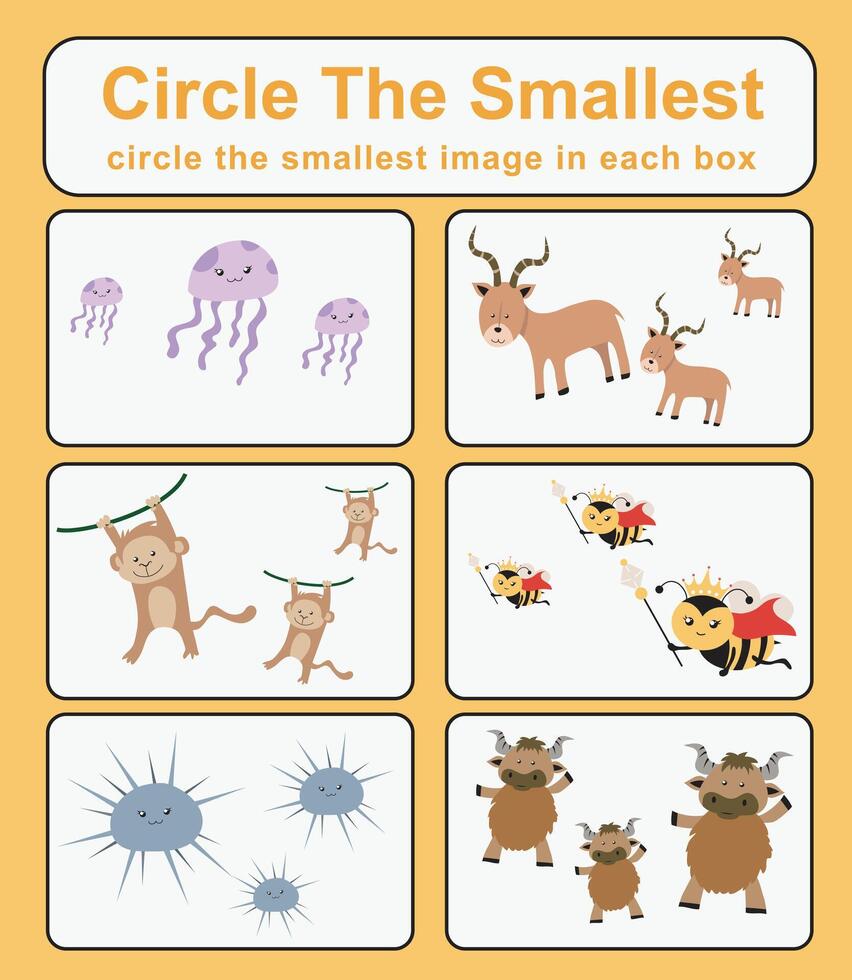 cirkel de minsta arbetsblad. inlärning handla om jämförelse. tryckbar aktivitet sida för ungar. pedagogisk barn spel vektor