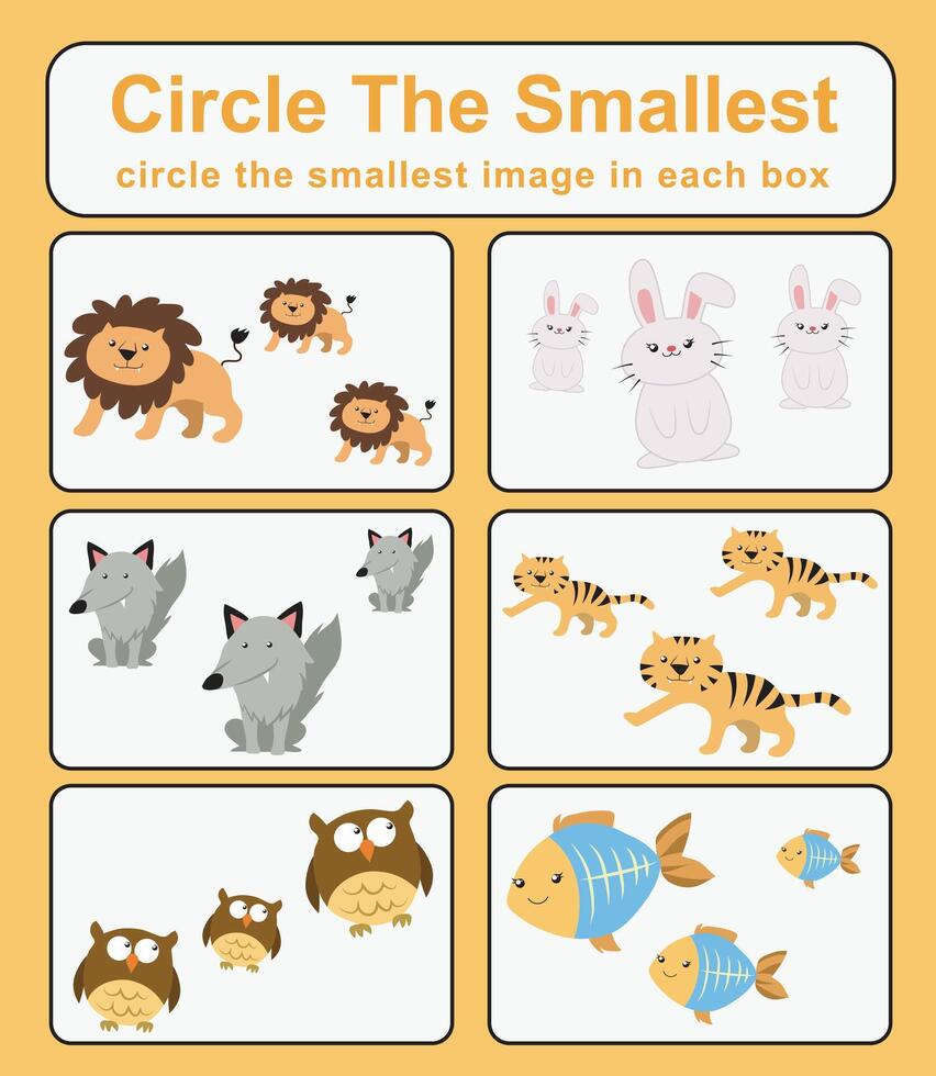 cirkel de minsta arbetsblad. inlärning handla om jämförelse. tryckbar aktivitet sida för ungar. pedagogisk barn spel vektor