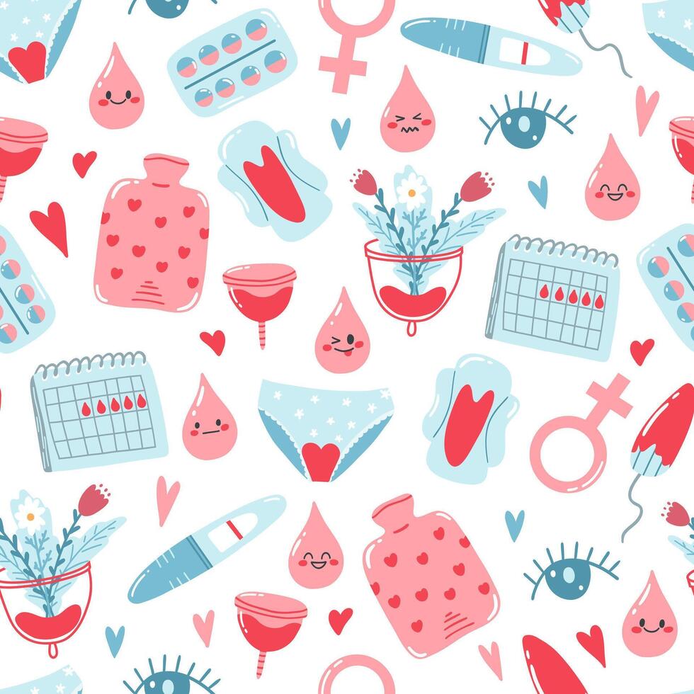 Hand gezeichnet nahtlos Muster mit Menstruation- Zeitraum Artikel wie Unterwäsche, Pads, Tampons, Blut Tropfen. bunt Hintergrund im Karikatur Stil vektor