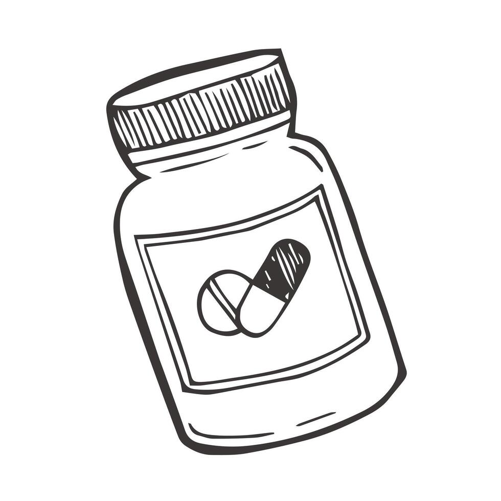 Vektor skizzieren Pillen, Tablette, Kapsel und Paket Flasche isoliert auf Weiß Hintergrund. Hand gezeichnet medizinisch Illustration.