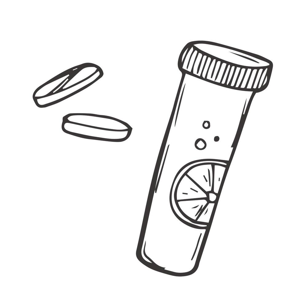 Vektor Illustration von Tablets, Vitamine und Tabletten im ein Plastik Krug. Medikamente, Medizin und Schönheit