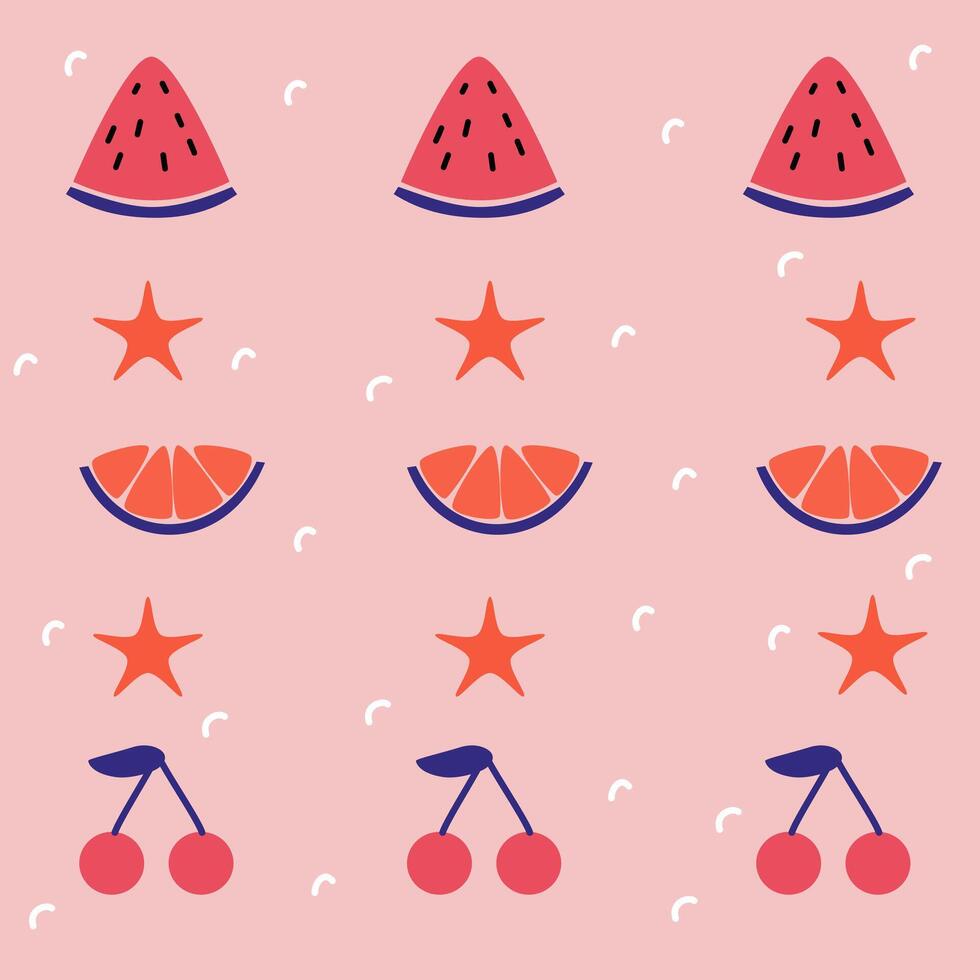 sömlös barnslig sommar mönster illustration av vattenmelon, orange, körsbär lämplig för barns Kläder, säng ark och Hem dekorationer, anteckningsbok täcker, brevpapper, grafik vektor