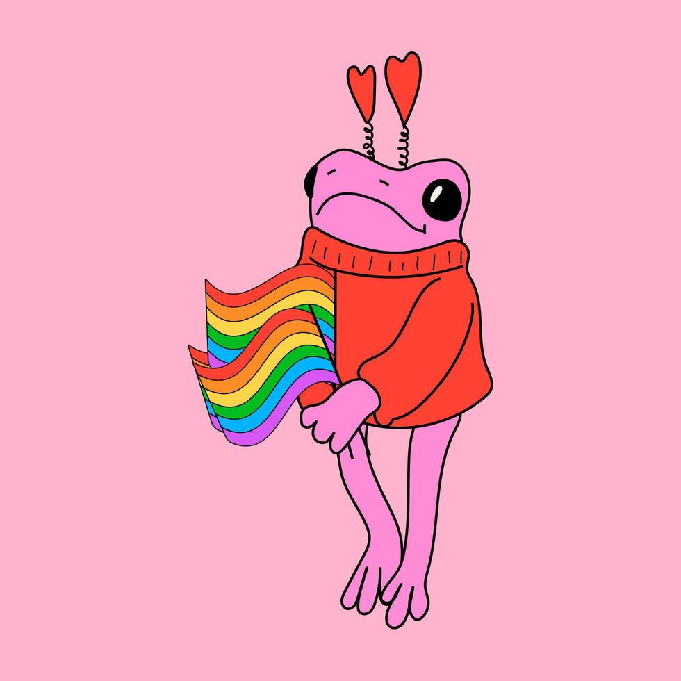 süß Frosch mit Symbole einstellen im Regenbogen Farben. Vektor Illustration. Stolz Monat