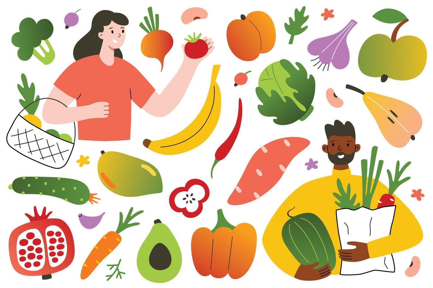 Menschen Essen und Kauf Obst und Gemüse, Lebensmittelgeschäft speichern, Öko vegan Lebensstil, organisch Essen Hand gezeichnet Satz, Symbole von Avocado, Mango, Kohl, Vektor Abbildungen von Männer und Frauen mit Gemüse