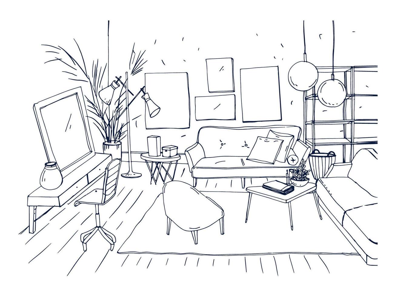 einfarbig Zeichnung von Innere von Leben Zimmer mit Sofa, Stühle, Kaffee Tabelle und andere modern Einrichtung. Hand gezeichnet skizzieren von Wohnung möbliert im skandinavisch oder Dachgeschoss Stil. Vektor Illustration.