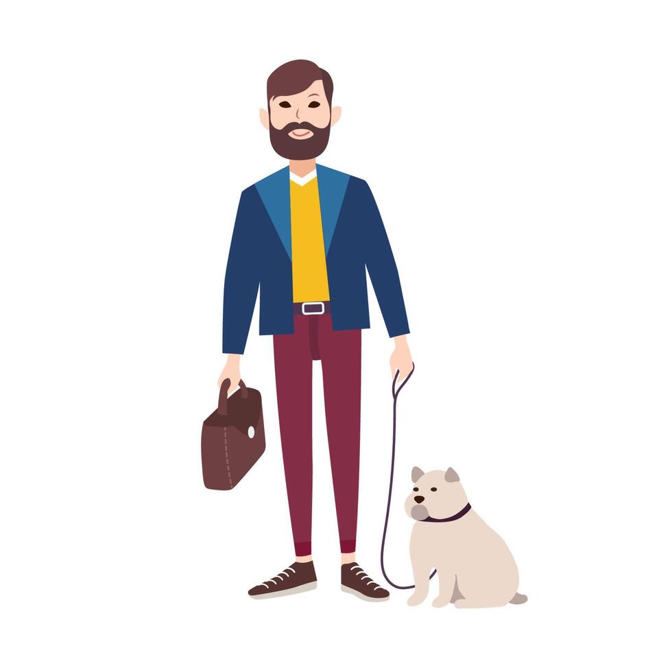 jung lächelnd Mann mit Bart gekleidet im stilvoll Kleidung Gehen Bulldogge. eben Karikatur Charakter halten seine Hund im Leine isoliert auf Weiß Hintergrund. Haustier Eigentümer. bunt Vektor Illustration.