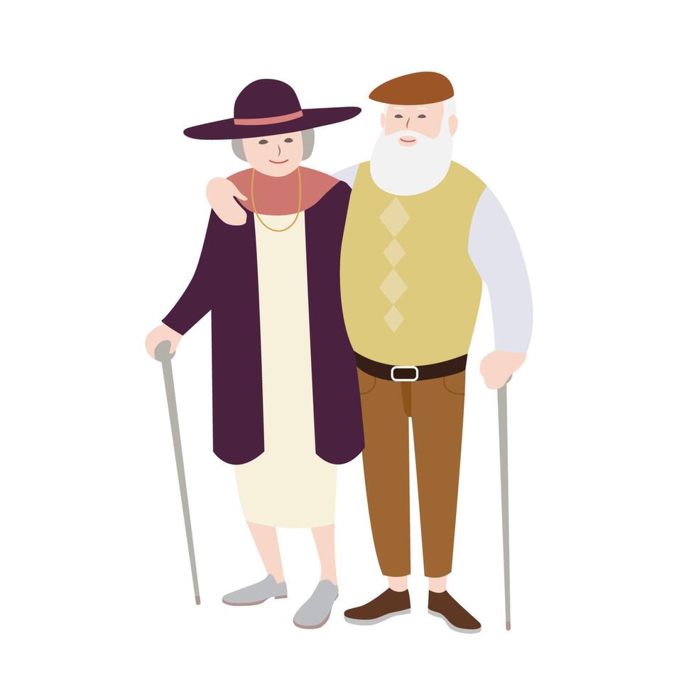 Paar von alt Mann und Frau gekleidet im stilvoll Kleidung Stehen mit Stöcke und Umarmen jeder andere. Senior liebend Paar. eben Karikatur Zeichen isoliert auf Weiß Hintergrund. Vektor Illustration.