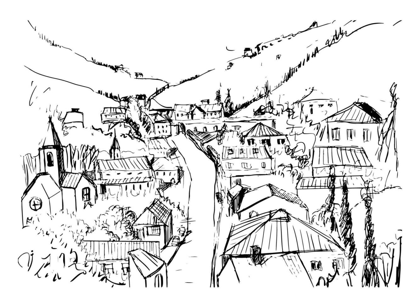 skizzieren von Berg Landschaft mit georgisch Stadt, Dorf Hand gezeichnet im schwarz und Weiß Farben. schön einfarbig Zeichnung mit Gebäude und Straßen von klein Stadt gelegen zwischen Hügel. Vektor Illustration.