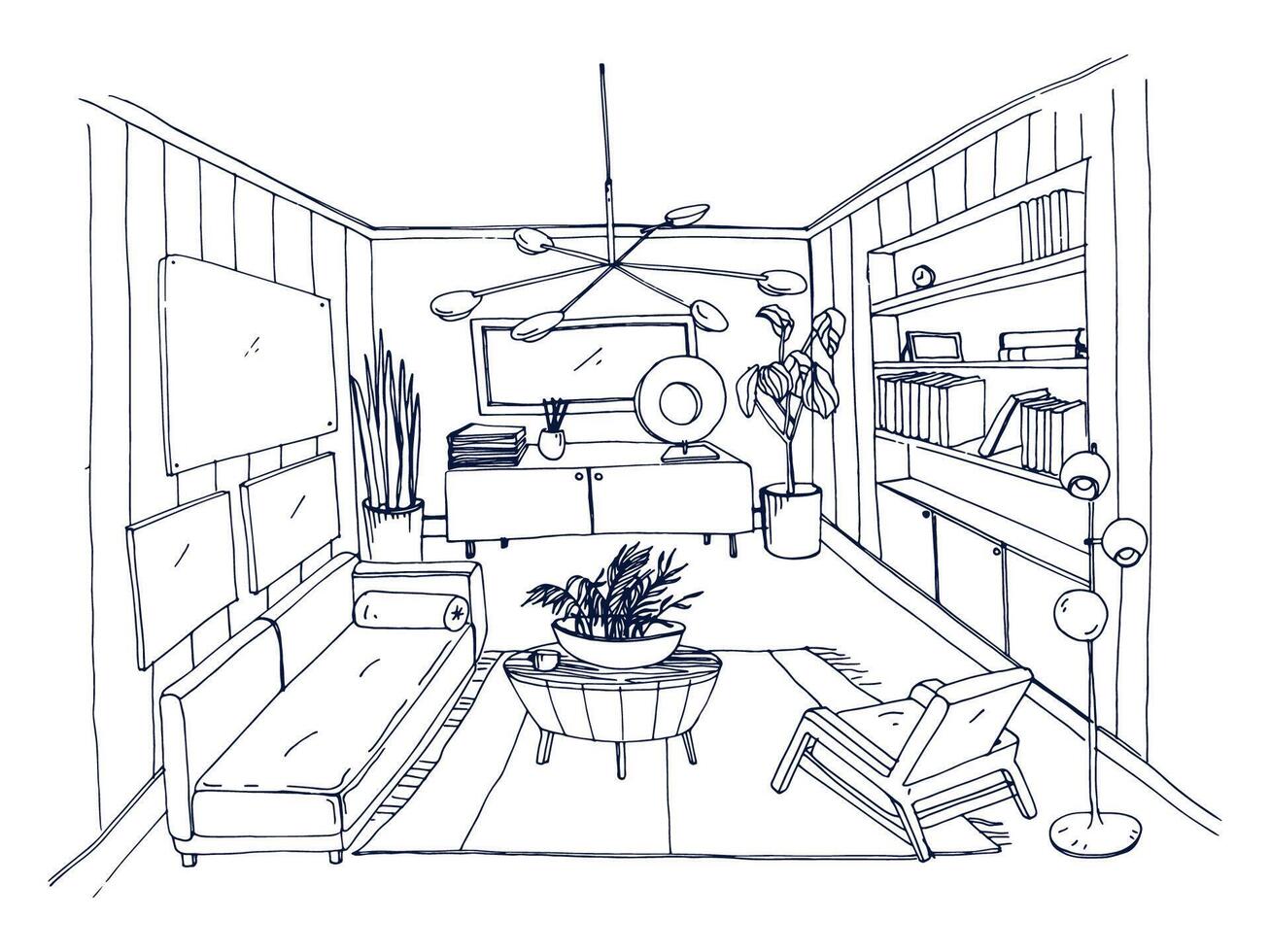 skiss av eleganta levande rum full av inredning hand dragen med kontur rader. svartvit teckning av lägenhet möblerad i scandinavian stil. modern Hem interiör design. vektor illustration.