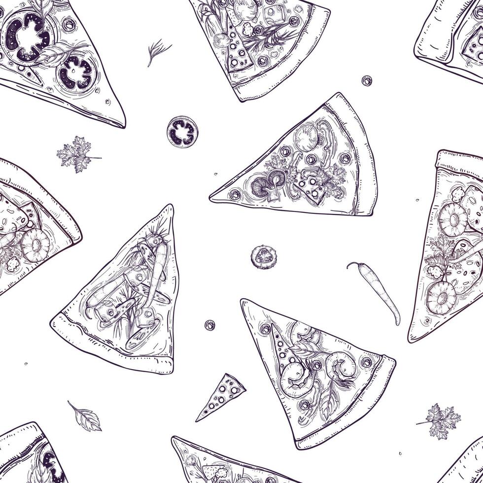 einfarbig nahtlos Muster mit Scheiben von anders Pizza Typen und Zutaten verstreut um auf Weiß Hintergrund. Vektor Illustration zum Restaurant oder Pizzeria Speisekarte, Lieferung Service.