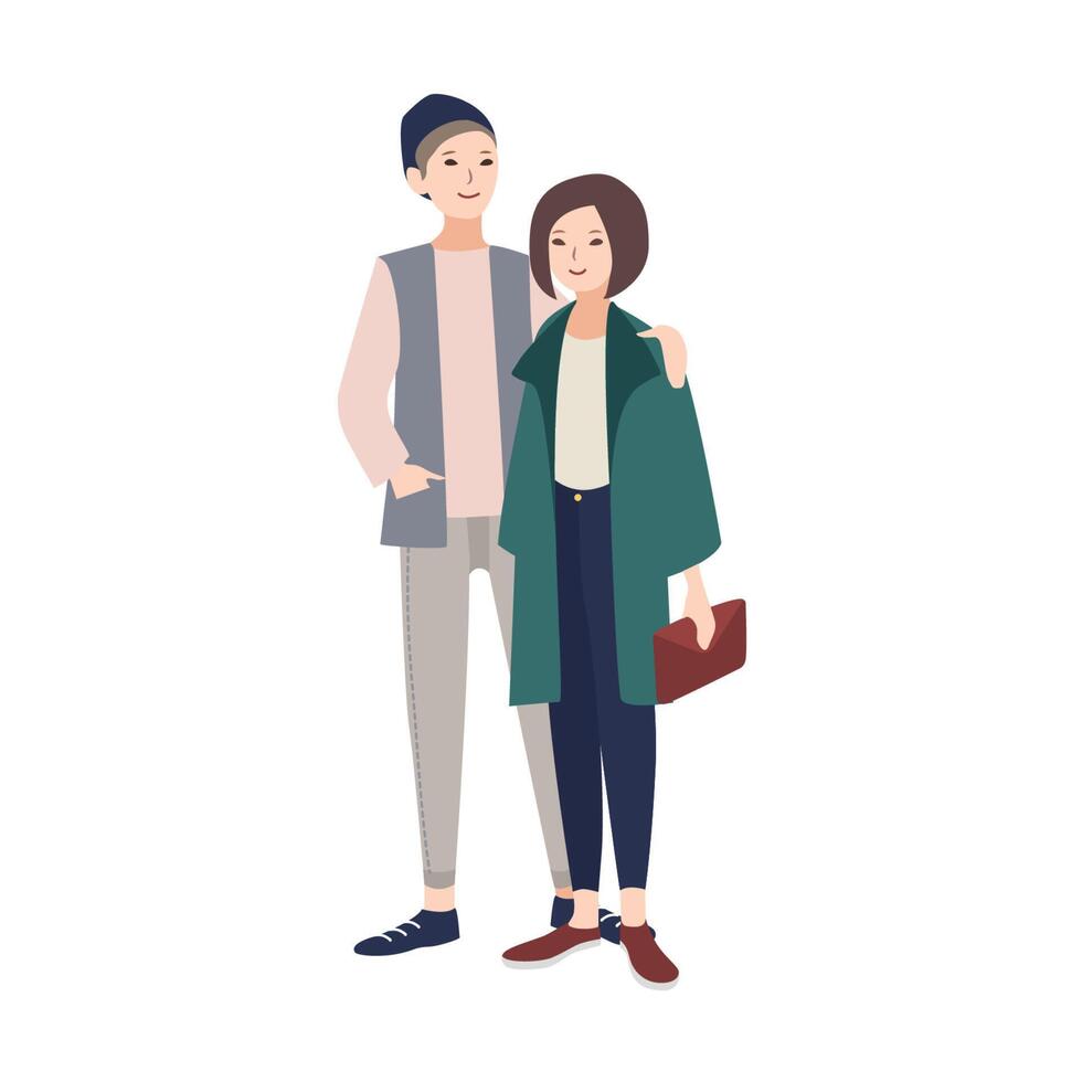 Paar von jung Mann und Frau gekleidet im stilvoll modern Kleider Stehen zusammen, lächelnd und umarmen. modisch Paar. Karikatur Zeichen isoliert auf Weiß Hintergrund. eben Vektor Illustration.