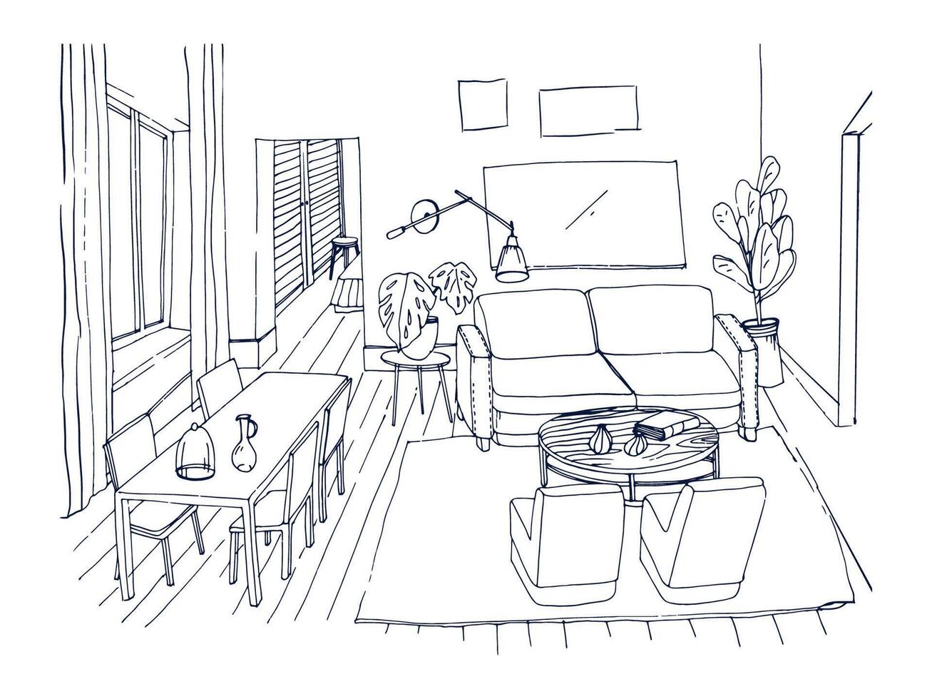 freihändig skizzieren von Leben Zimmer mit Fenster, komfortabel Couch, Abendessen Tisch, Stühle und andere Einrichtung Hand gezeichnet mit Linien. Zeichnung von modern Haus möbliert im gemütlich Stil. Vektor Illustration.