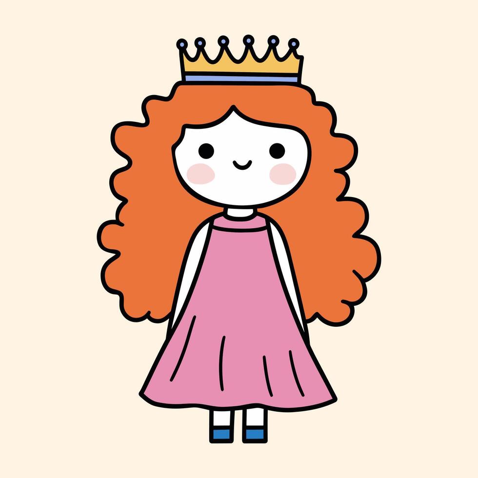 süß Karikatur Prinzessin mit lange Ingwer Haar. einfach Vektor Illustration von ziemlich Mädchen mit Orange Haar, tragen Rosa Kleid und Gold Krone