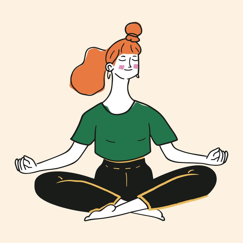 ung kvinna mediterar. rödhårig flicka i bulle sitter benen i kors med henne ögon stängd, bär grön skjorta och svart byxor. vektor illustration för yoga, meditation, koppla av, friska livsstil.