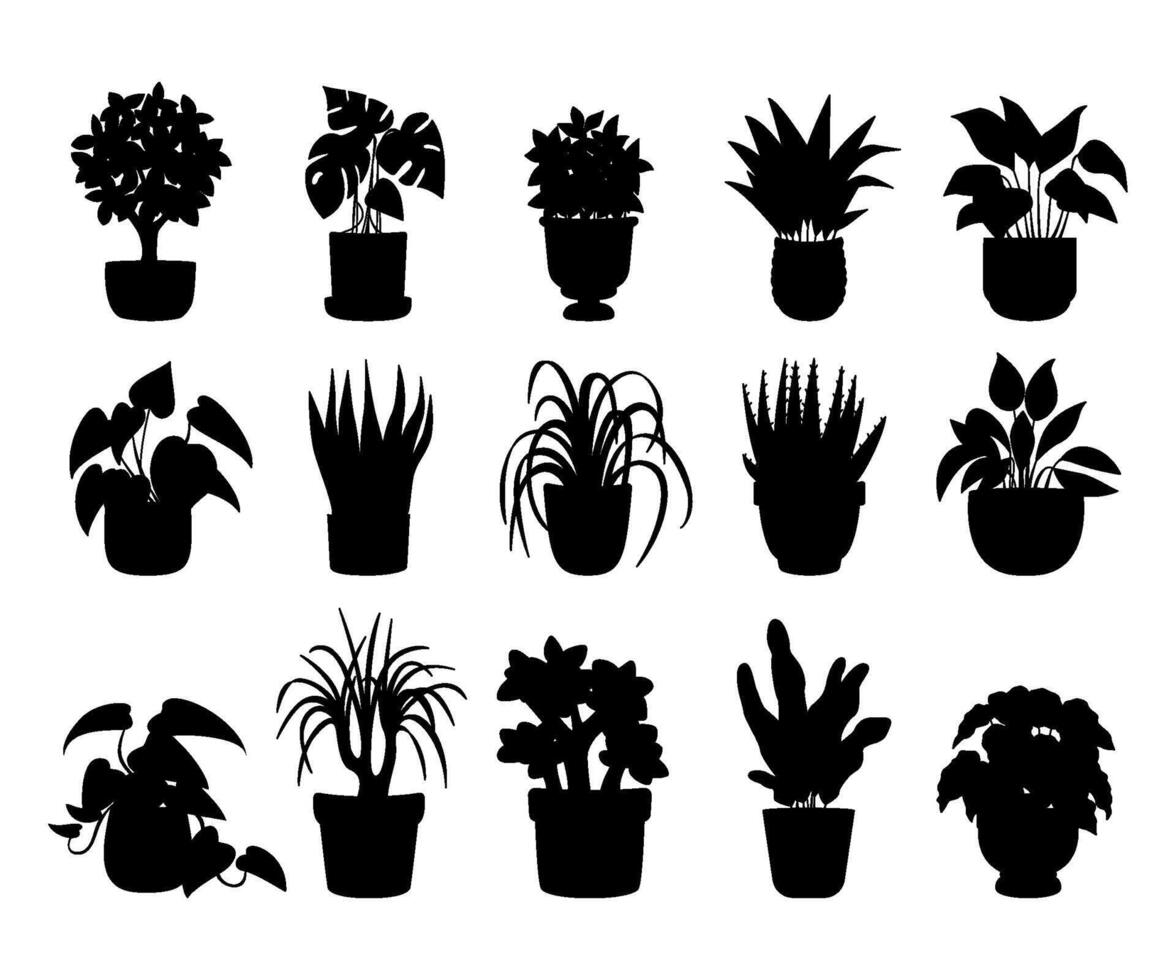 svart silhuetter av olika inomhus- växter i krukor. vektor