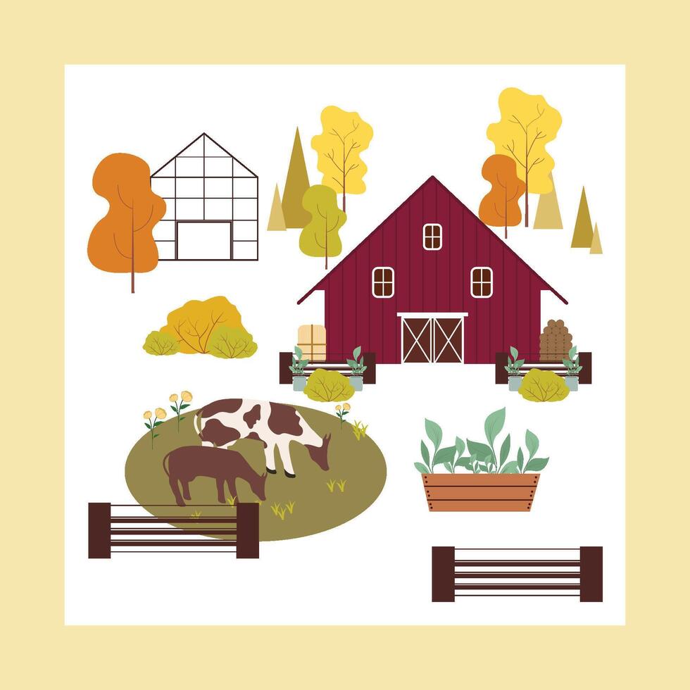 einstellen von Bauernhof und Landwirtschaft von Dorf Leben Vektor Hintergrund Symbole