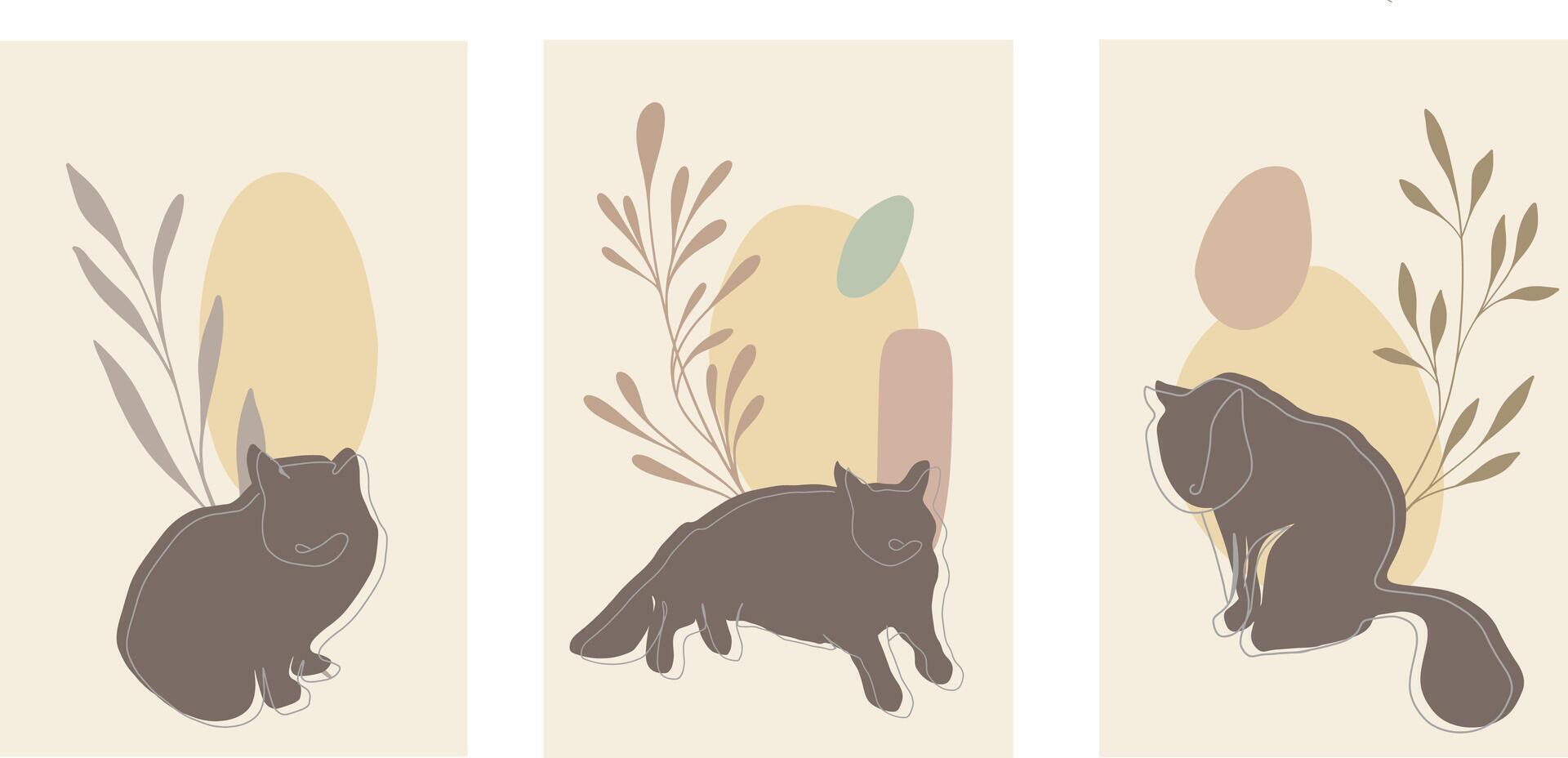 ett linje liggande katt vektor illustration med abstrakt former och växt gren, löv beige färger